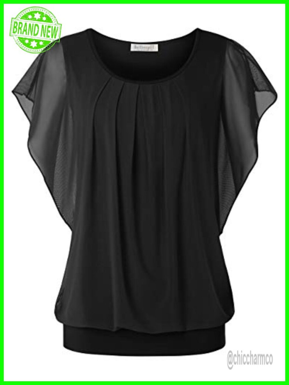 Womens Summer Flutter Short Sleeve Pleated Front Mesh Blouse Dressy Casual Top